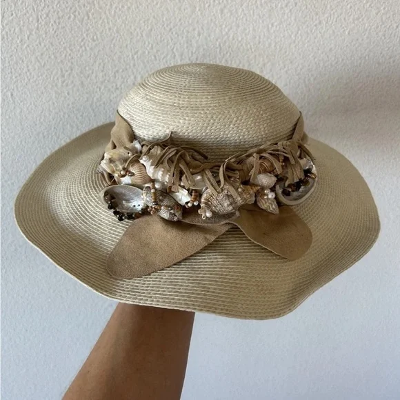 VTG Mermaidcore Straw Beach Sun Hat Shell Trim Boho Coastal Festival S/M - Picture 4 of 16
